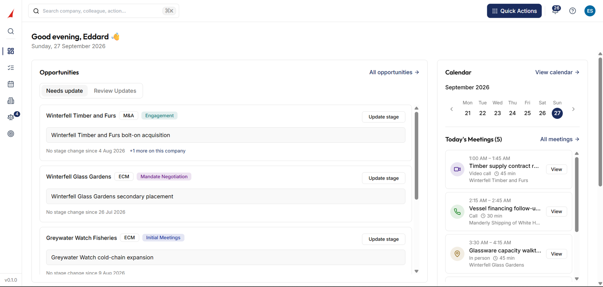 The home dashboard — today's meetings, opportunities and calendar